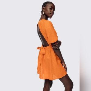 Reformation Irwin Orange Puff Sleeve Back Tie Linen Dress Size 4